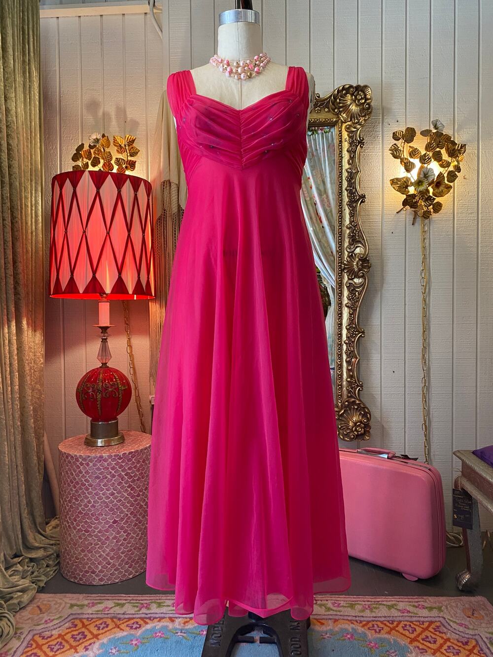 vintage 1950s fuchsia chiffon nightgown, vanity fair, rhinestone, empire waist s